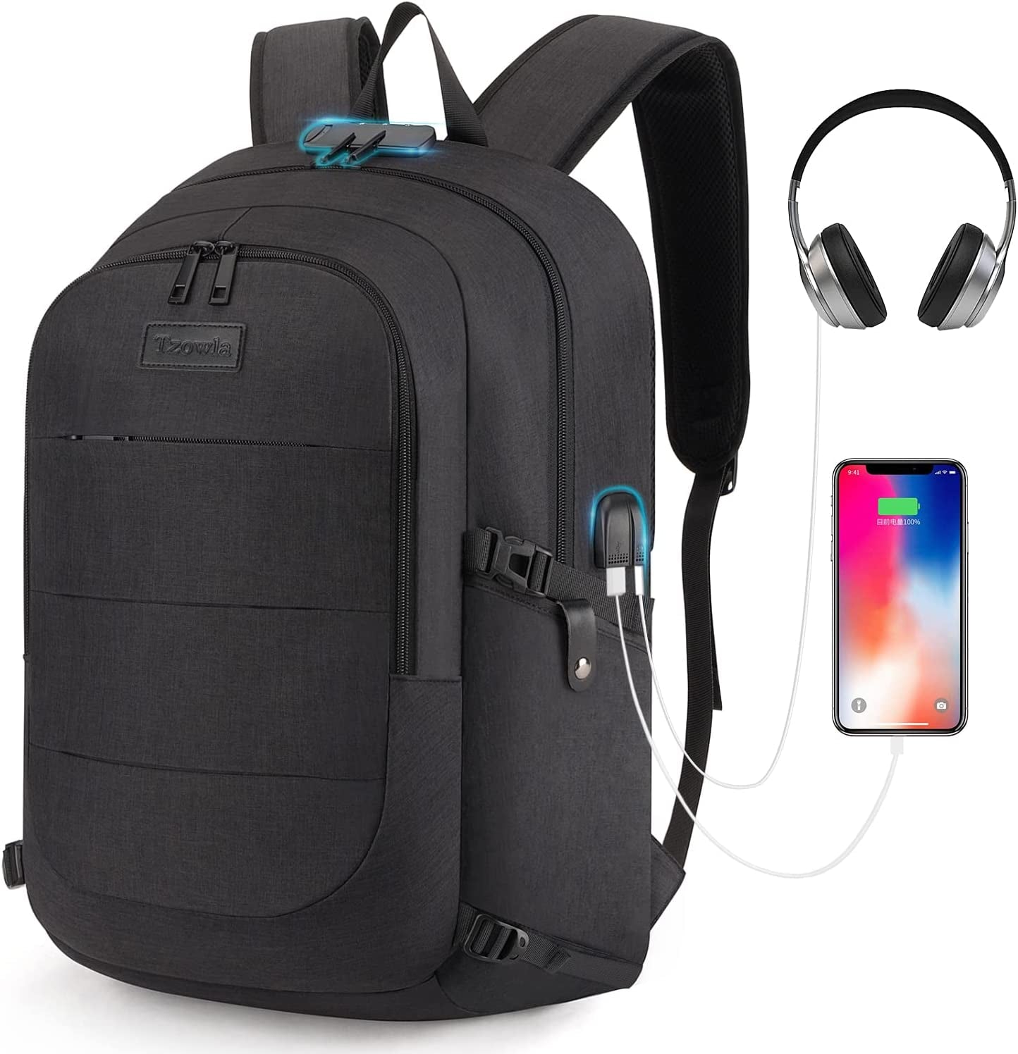 Professional Laptop Backpack with Water-Resistant Anti-theft Design, USB Charging Port, and Lock.